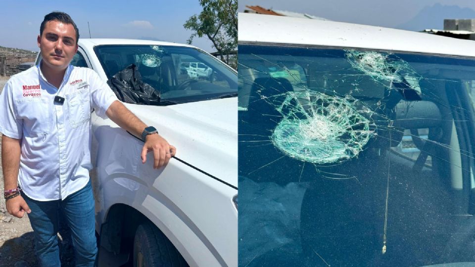 Manuel Guerra Cavazos, candidato de Morena a la alcaldía de García, junto a las marcas del atentado en su parabrisas, las cuales fueron hechas con piedras.