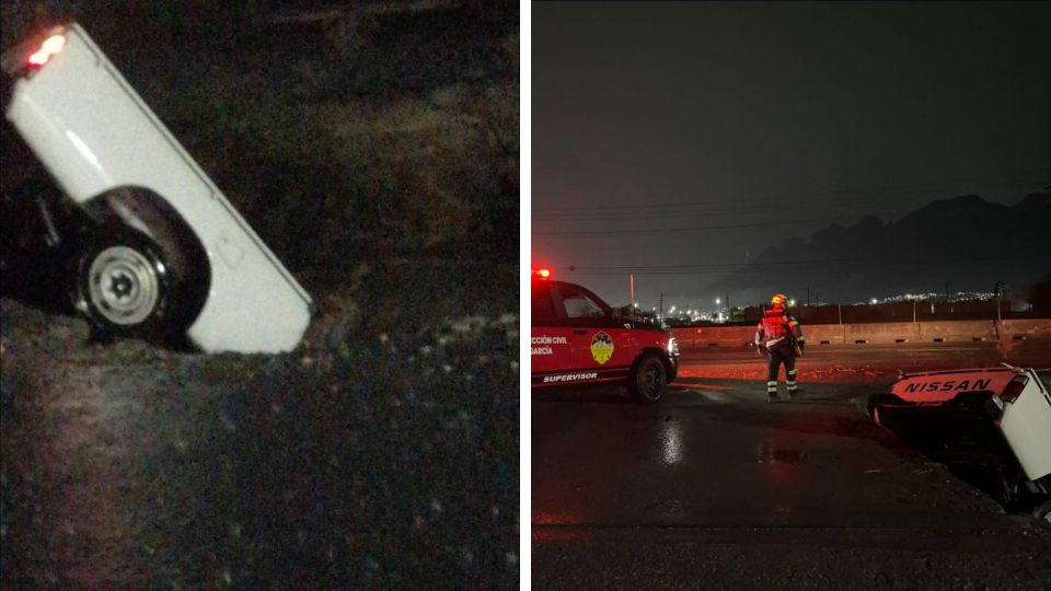 Camioneta en García cae a canalón tras ser arrastrada por la corriente.