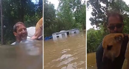 Policía rescata a hombre y tres perros atrapados en inundación en Houston