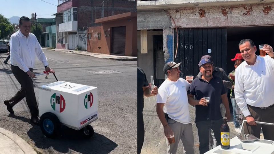 Momento en que Memo Valencia regaló caguamas a los albañiles.