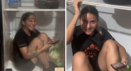 Joven de Monterrey mitiga el calor metiéndose en refrigerador