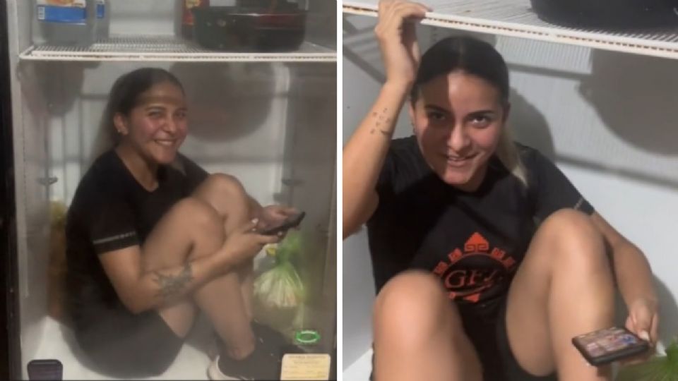 Mujer dentro de refrigerador.