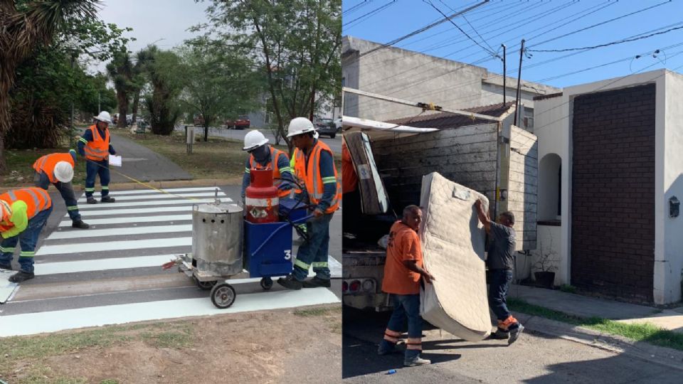 Trabajadores del municipio de Monterrey en trabajos de reparación en colonia Real de Cumbres.