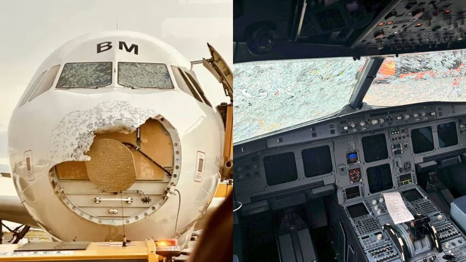 Avión destrozado por granizada