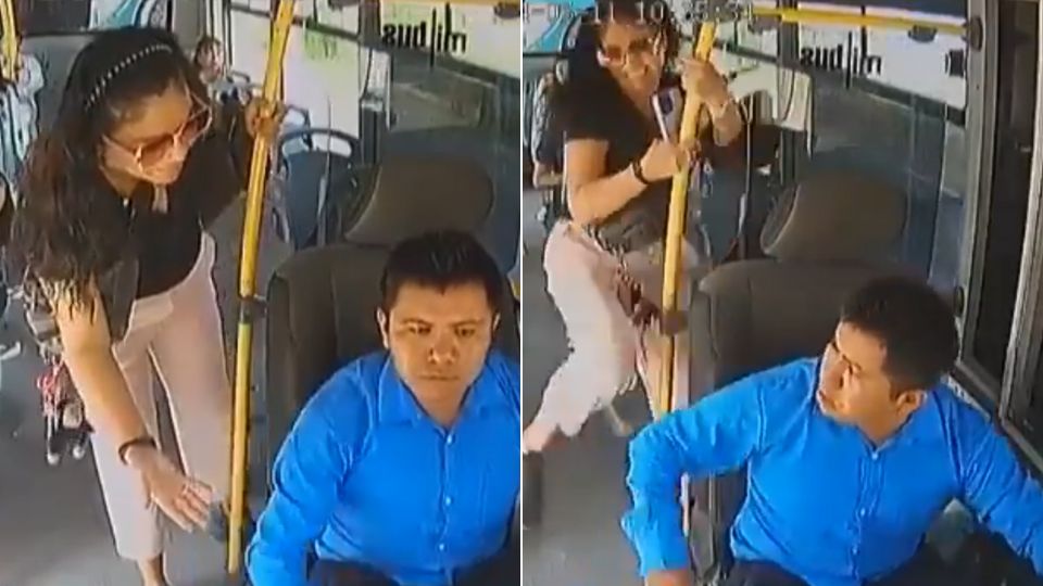 Mujer patea a chofer de camión en Puebla