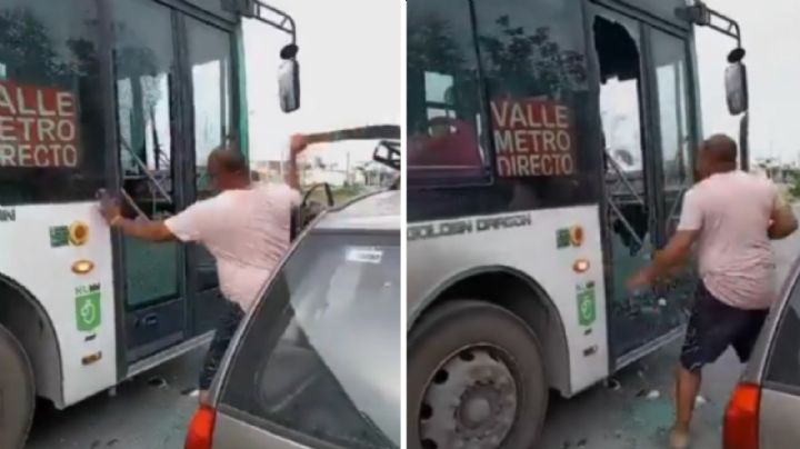 Video: Hombre pelea y rompe puerta de ruta urbana con machete, en Monterrey