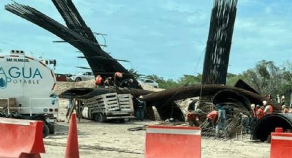 Colapsa estructura del Tren Maya por las lluvias y aplasta un auto en Chetumal