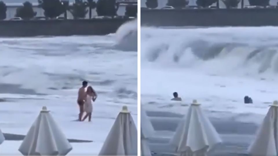 Momento en que mujer es arrastrada por el mar en Rusia