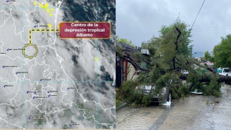 Imagen de radar de la baja presión remanente Alberto, y algunos de los estragos que han ocasionado las lluvias de este ciclón.