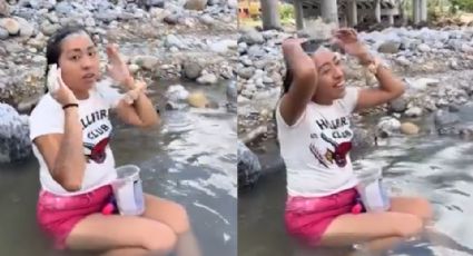 Video: Ante falta de agua, joven se baña en el río Santa Catarina