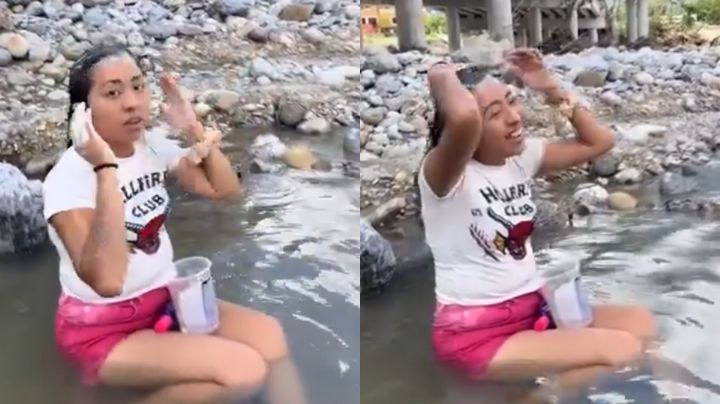 Video: Ante falta de agua, joven se baña en el río Santa Catarina