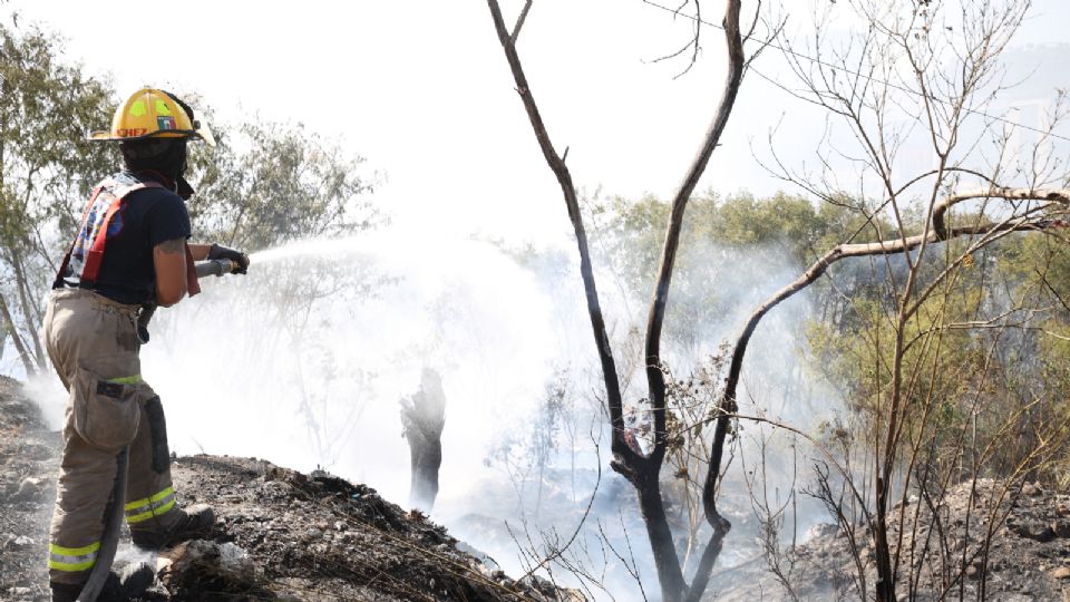 Elemento de la corporación de bomberos combatiendo un incendio forestal.