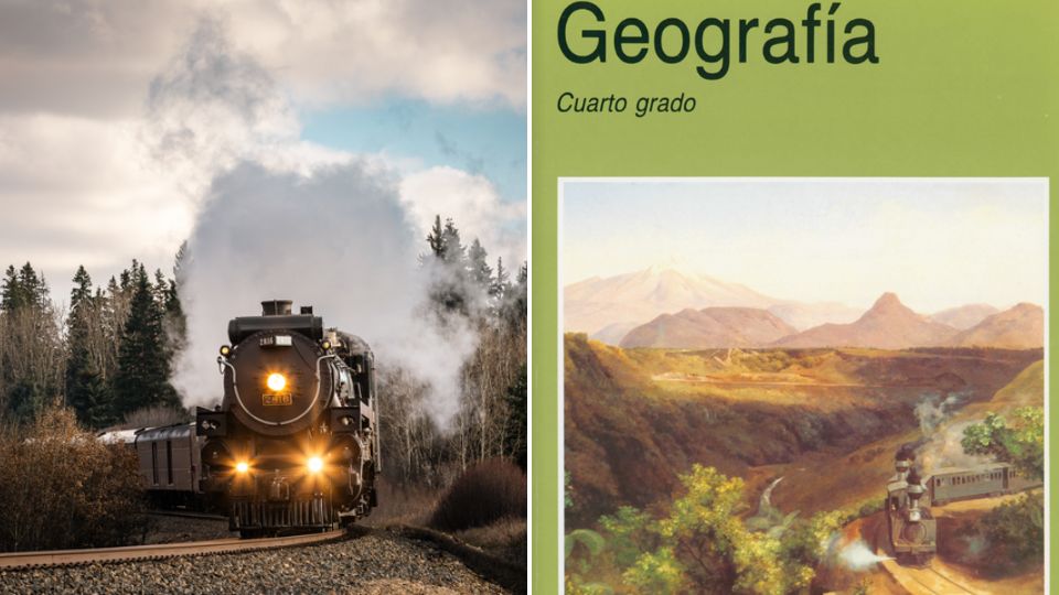 La inducción del ferrocarril en la portada del libro de Geografía