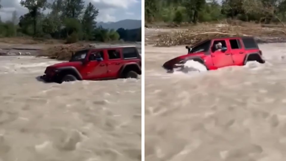 Momento en que Jeep es arrastrado por la corriente en Santiago, Nuevo León