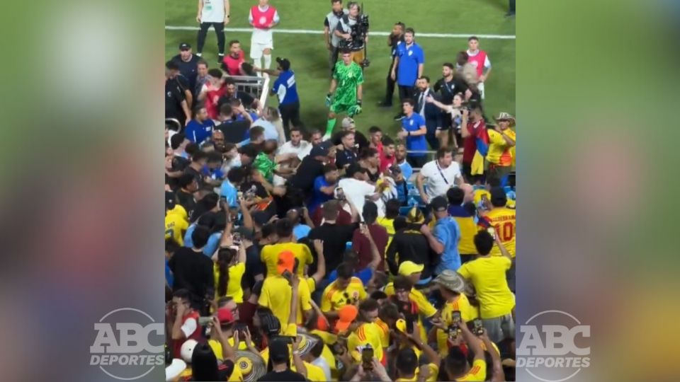 Jugadores de Uruguay se pelean con la afición de Colombia en las gradas.