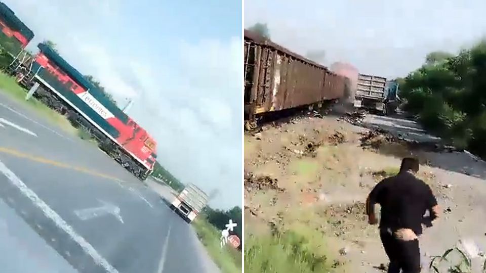 Camión intenta ganarle el paso al tren y termina siendo impactado en la carretera Monterrey-Reynosa