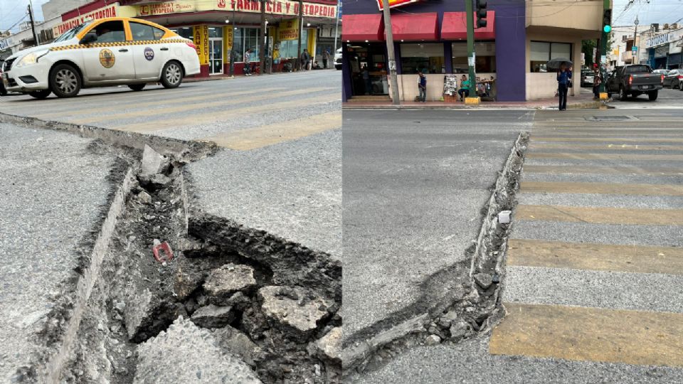 Aberturas en el pavimento de avenidas del centro de Monterrey.