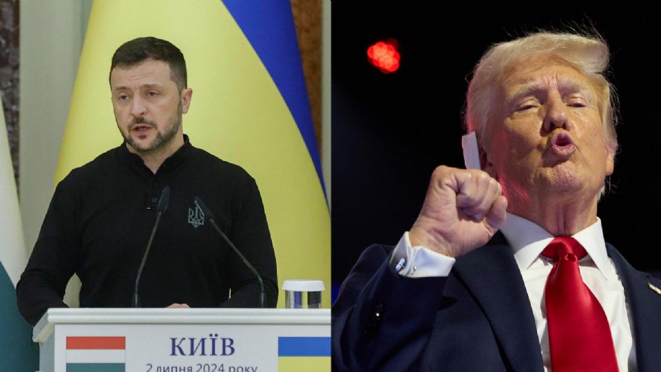 Volodímir Zelenski, presidente de Ucrania (izq); Donald Trump, candidato republicano a la presidencia de EU.