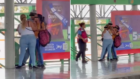Mujeres pelean mientras abrazan a hombre en estación del Metro de Monterrey