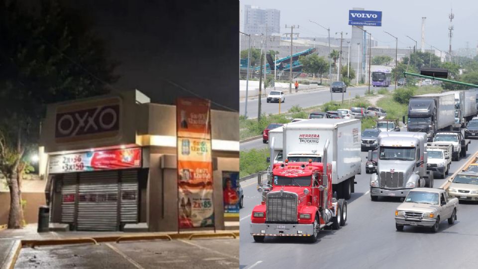 Tienda Oxxo cerrada y bloqueo de transportistas.