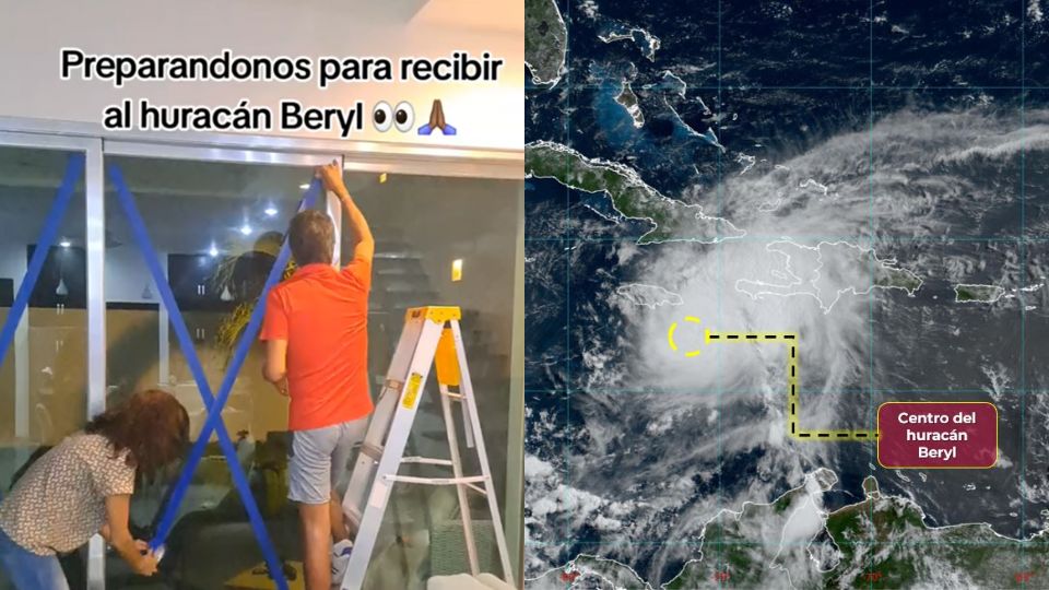 Familia coloca cinta adhesiva en ventanas previo a llegada de Beryl