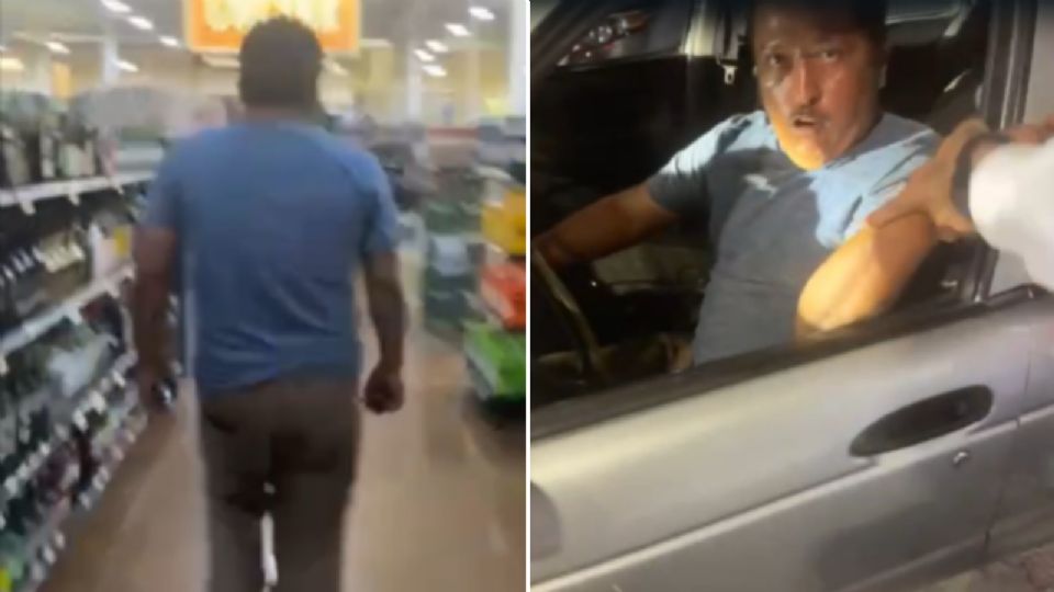 Hombre graba a mujer en supermercado.