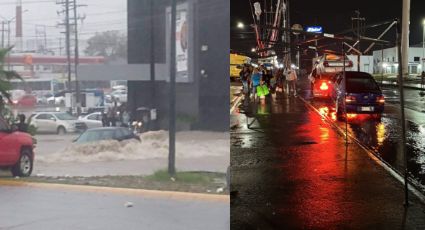 Conductora queda atrapada en su auto durante inundación en crucero de Juárez, NL