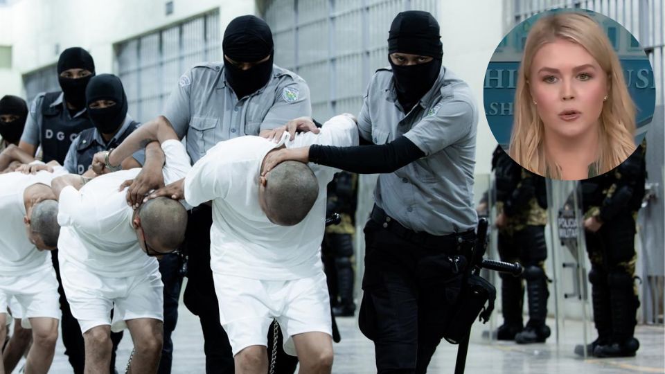 Guardias del Centro de Confinamiento de Terroristas (Cecot) trasladando a presuntos miembros del Tren de Aragua | EFE/EPA/Presidencia de El Salvador
