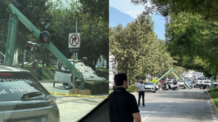 Mujer sufre mareo, vuelca su camioneta y derriba un semáforo en San Pedro