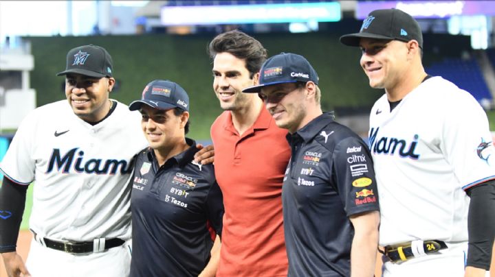 Checo y Verstappen lanzan la primera bola en partido de los Marlines