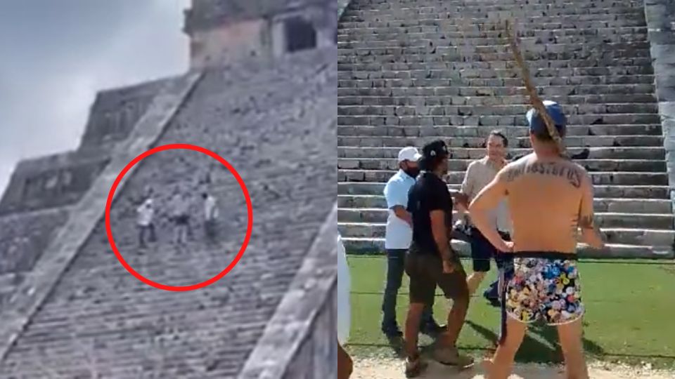 El turista siendo agredido por presentes tras bajar de la pirámide de Chicén Itzá. Foto: Redes sociales