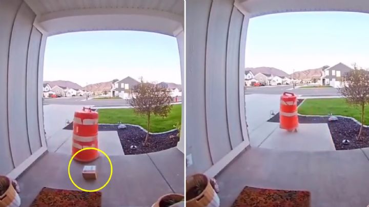 ¡A lo Toy Story! Hombre roba paquete de Amazon con cono vial