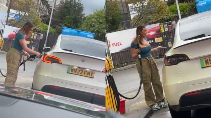 Video: Captan a joven intentando cargar su auto Tesla con gasolina
