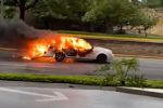Auto incendiado circula en San Pedro y choca con señalamiento
