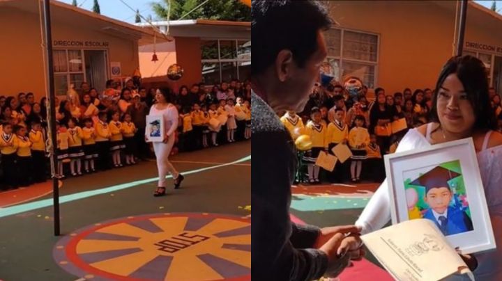 Madre acude a graduación del kínder de su hijo fallecido cargando su foto