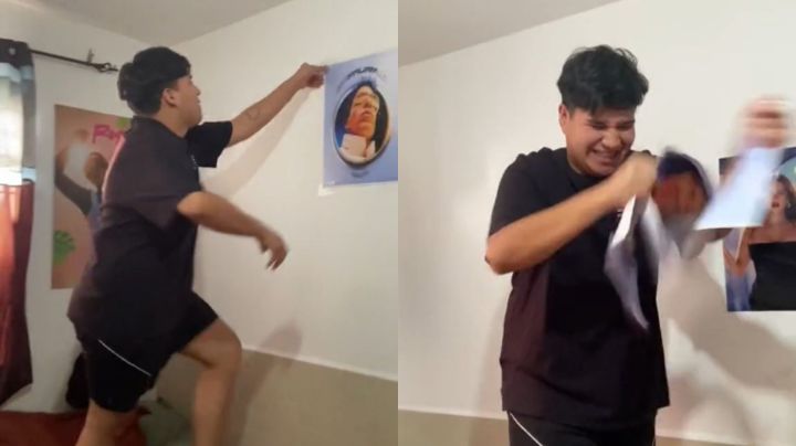 Fan arranca póster de Rauw Alejandro de su cuarto tras ruptura con Rosalía