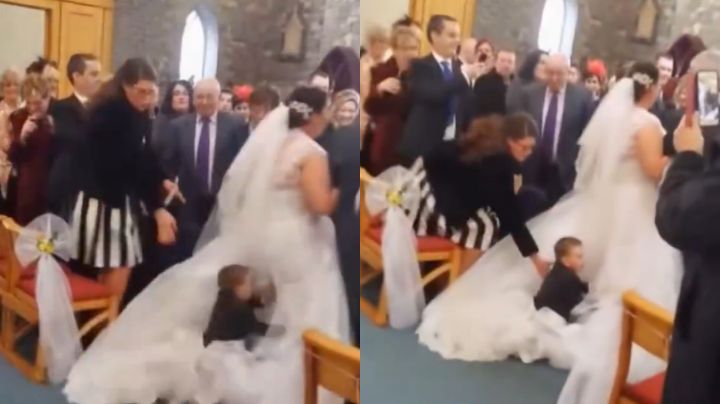 Video: Niño arruina entrada de boda; salta sobre el vestido de la novia