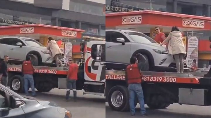 Mujer sube a grúa para evitar traslado de su camioneta al corralón en Monterrey