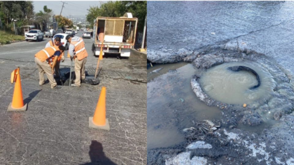 Trabajos de reparación hechos por personal de Agua y Drenaje de Monterrey.