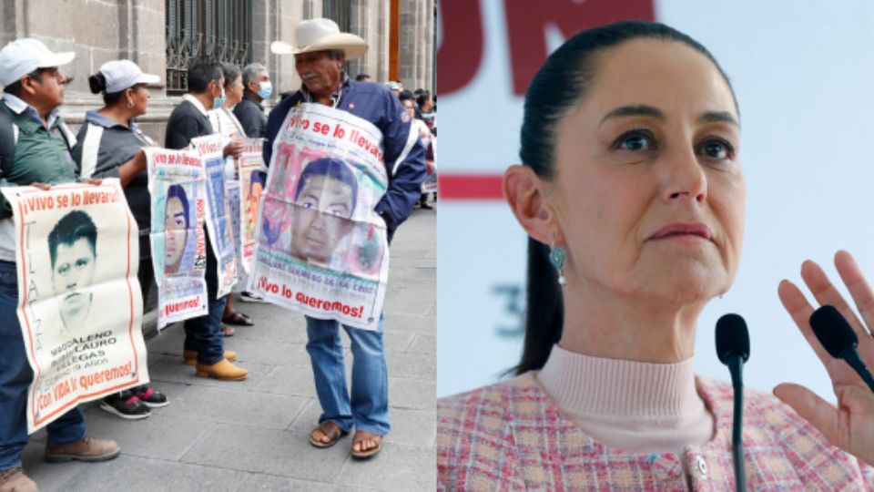 Padres de los 43 normalistas desaparecidos de Ayotzinapa y Claudia Sheinbaum.