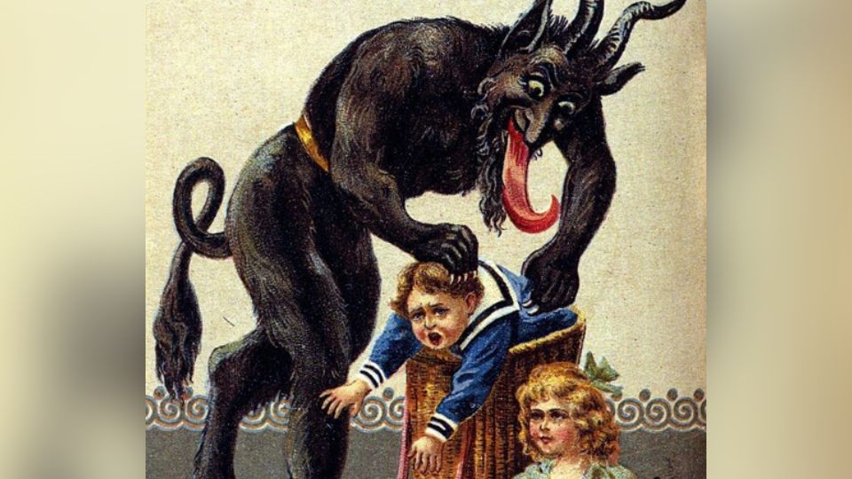 Pintura de Krampus castigando a dos niños