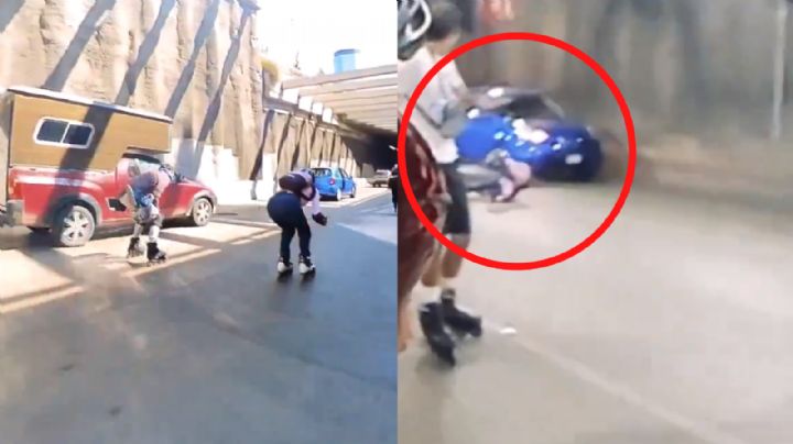 Jóvenes patinan en vía rápida de CDMX y por poco atropellan a una de ellas