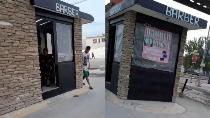 Hombre instala barbería en una caseta de vigilancia abandonada en Juárez, NL