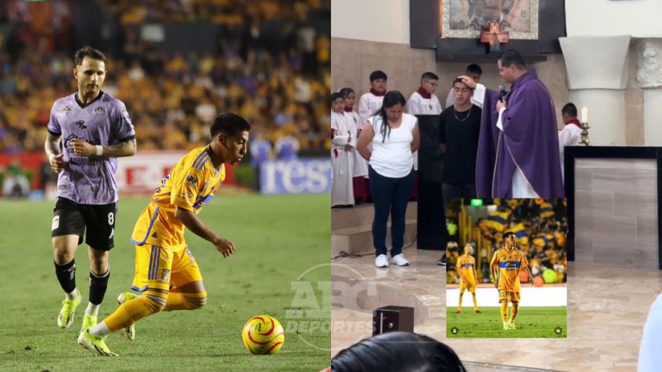 El canterano de Tigres, Diego Sánchez, recibió la bendición de un sacerdote tras su debut con Tigres el sábado por la noche.