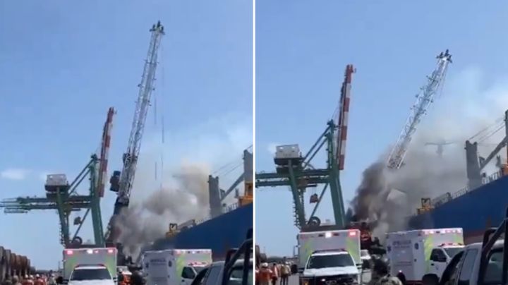 Grúa sufre incendio y cae sobre barco en Altamira