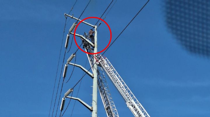 Hombre permanece 6 horas en lo alto de torre de electricidad en Morones Prieto