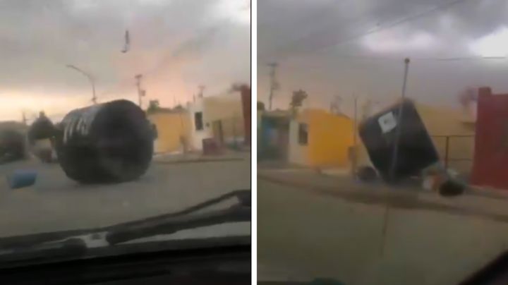 Captan tinaco rodando por calles de Montemorelos tras fuertes vientos