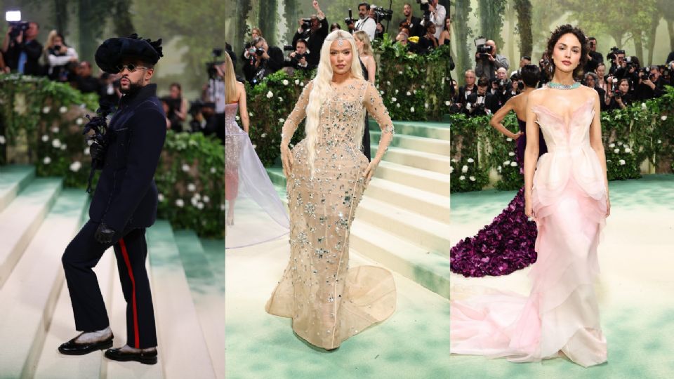 Bad Bunny, Karol G y Eiza González durante la alfombra verde de la Met Gala 2024.