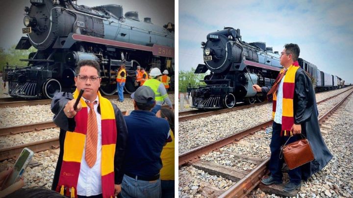 Joven en Nuevo León se disfraza de Harry Potter tras el paso de la locomotora de vapor