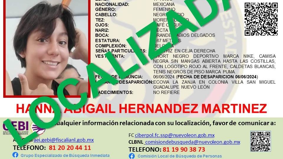 GEBI informó que la medallista regia, Hanna Hernández, fue localizada sana y salva un par de días después de reportarse su desaparición.